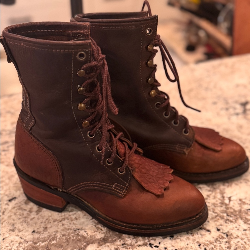 Genuine Leather Brown Lace-Up Women's Western Boots